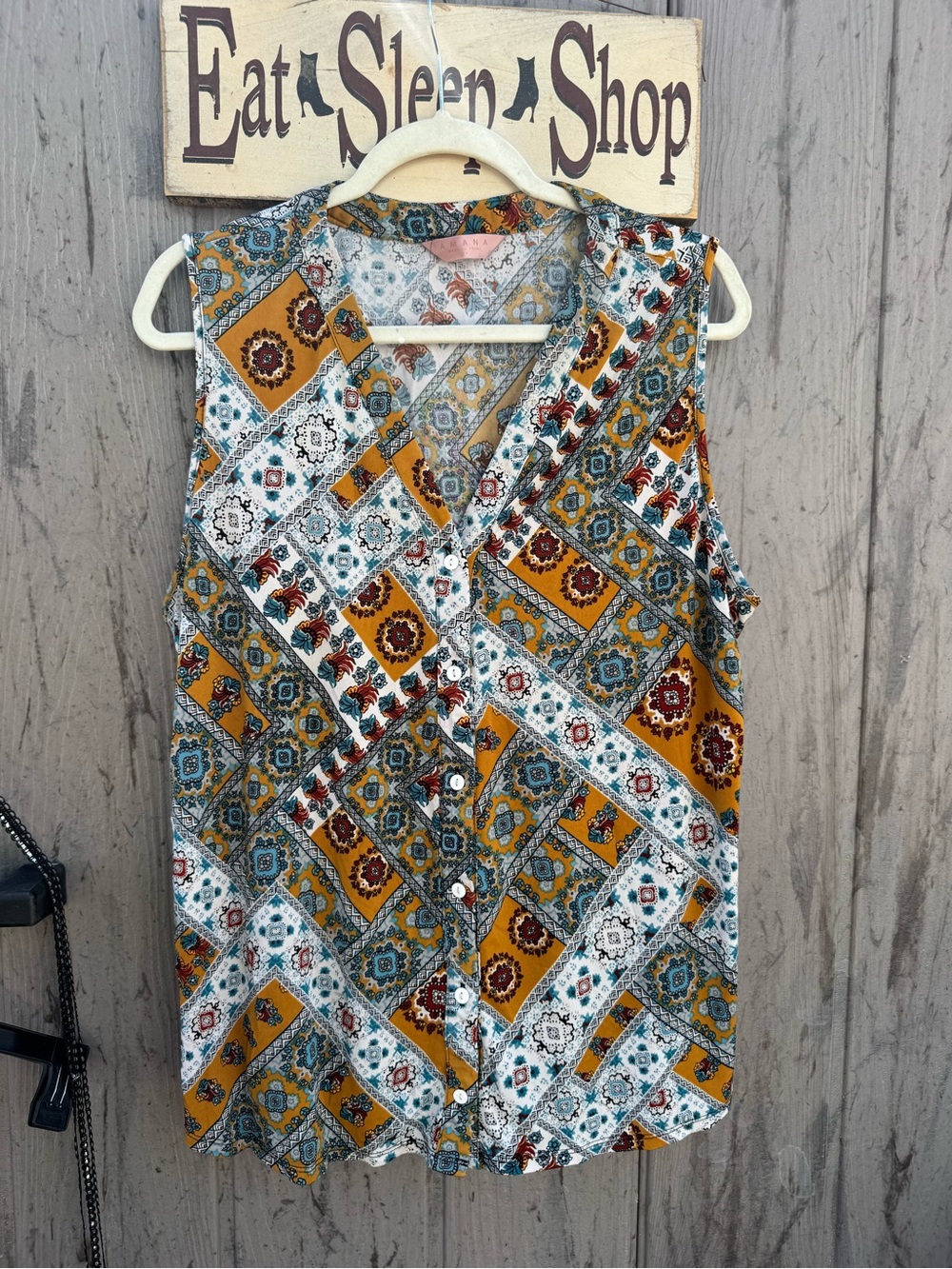 Amiana Mustard Multi Patchwork Button-Front Tank